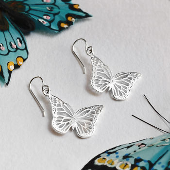 Sterling Silver Blue Monarch Butterfly Dangly Earrings, 2 of 6
