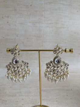 White Gold Plated Pearl Kundan Earrings And Tikka Set, 3 of 6