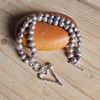 Twin Strand Grey Pearl Bracelet With Open Heart Charm, 2 of 3