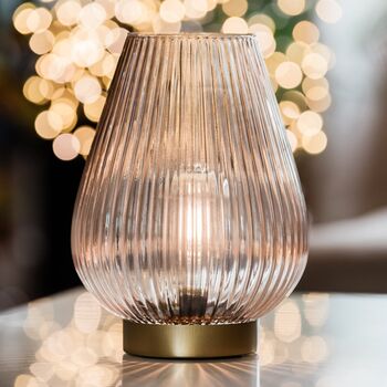 Cordless Blush Pink Glass Fluted Ribbed Battery Lamp, 2 of 7