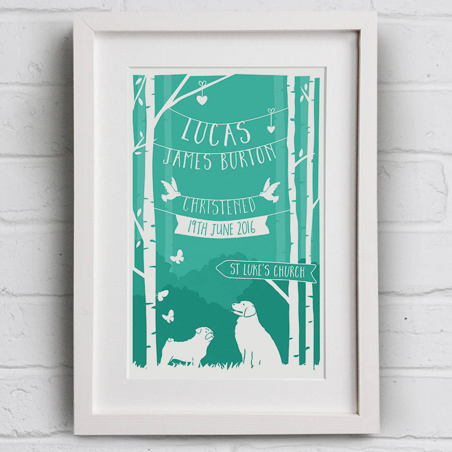 Personalised Christening/Baptism Print With Dog By Jon Hall Design