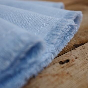 Pair Of French Linen, Baby Blue Fringed Napkins, 6 of 9