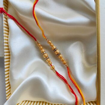 Golden Yellow Threaded Beaded Rakhi For Brother, 2 of 6