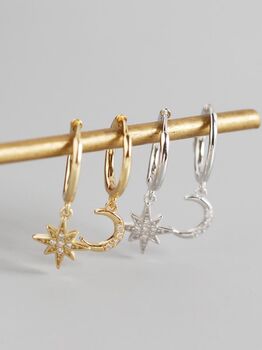 Gold Plated And Sterling Silver Star Moon Hoop Earrings, 2 of 9