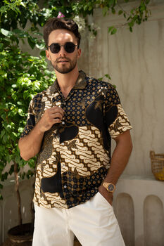 Men's Black Satin Batik Cuban Shirt, 7 of 7