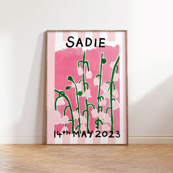 Personalised Striped Birth Flower New Baby Art Prints, 6 of 12
