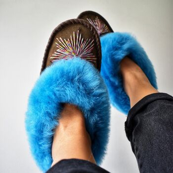Turquoise Sheepskin Moccasin Slippers, 4 of 5