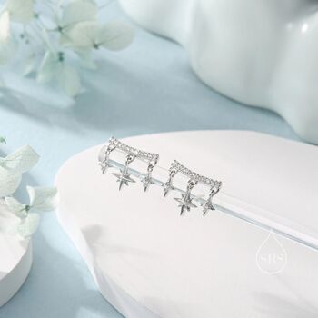 Dangling Star And Starburst Curved Bar Stud Earrings In Sterling Silver, 3 of 11