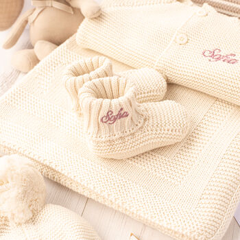 Personalised Baby Cardigan With Script Name And Booties, 3 of 12