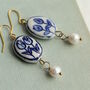Delft Blue Tulip Earrings With Freshwater Pearl, thumbnail 1 of 7