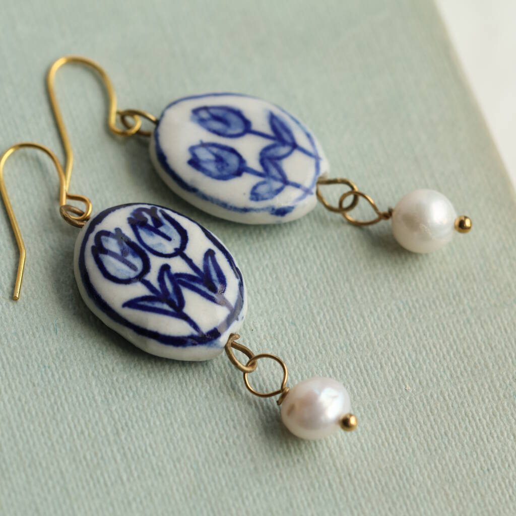 Delft Blue Tulip Earrings With Freshwater Pearl, 1 of 7