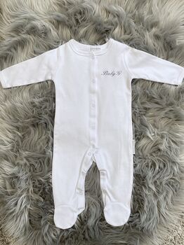 Personalised Embroidered White Cotton Baby Sleepsuit, 4 of 6