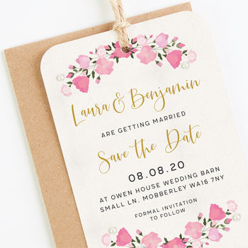 Pink Flowers Save The Date Tag, 2 of 5