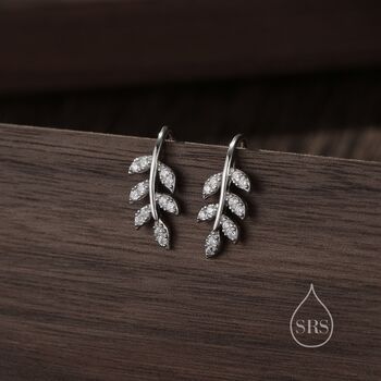 Cz Leaf Mini Crawler Earrings In Sterling Silver, 5 of 9