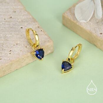 Sterling Silver Sapphire Blue Trillion Cut Cz Hoop Earrings, 5 of 11