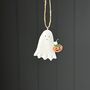 Tin Ghost With Pumpkin Hanging Halloween Decoration, thumbnail 2 of 2