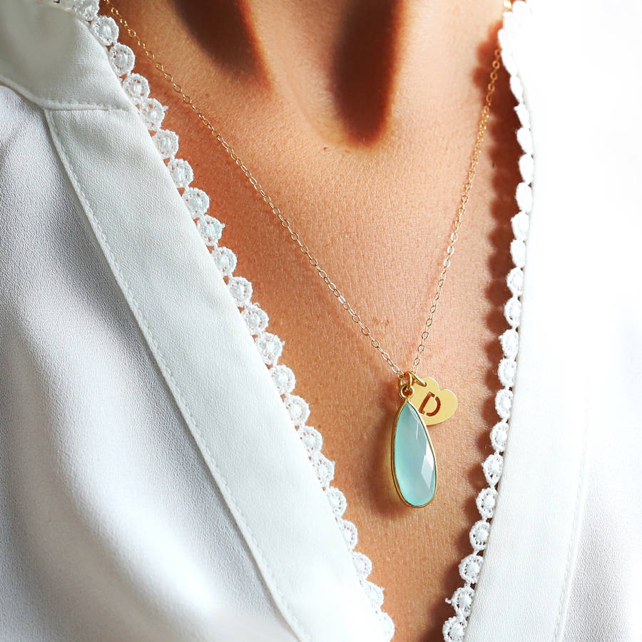 Personalised Aqua Teardrop Gemstone Necklace By J&S Jewellery