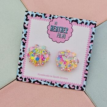 Sea Shell Glitter Resin Stud Earrings Pink, Blue And Coral, 10 of 12