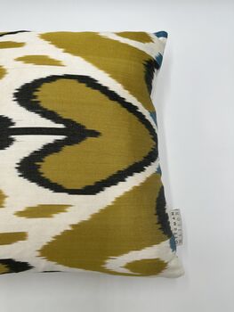 Square Ikat Silk Cushion Ochre And Blue Heart, 10 of 11