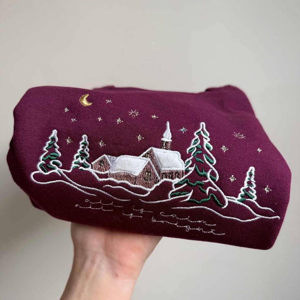 Snowy Stars Church Village Embroidered Christmas Jumper, 1 of 6