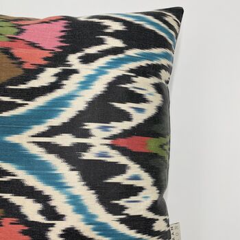 Square Ikat Silk Cushion Pink And Black Tulip, 5 of 6
