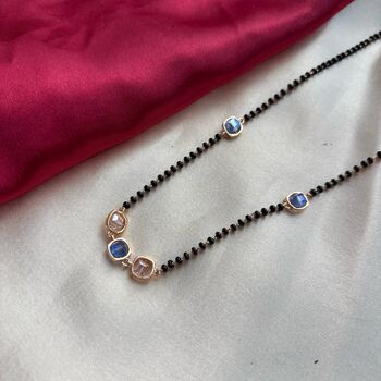 Black Bead 18ct Gold Plated Blue Stone Slim Mangalsutra Necklace, 2 of 6