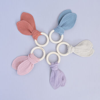Personalised Teether Ring With Muslin Bunny Ears, 3 of 6