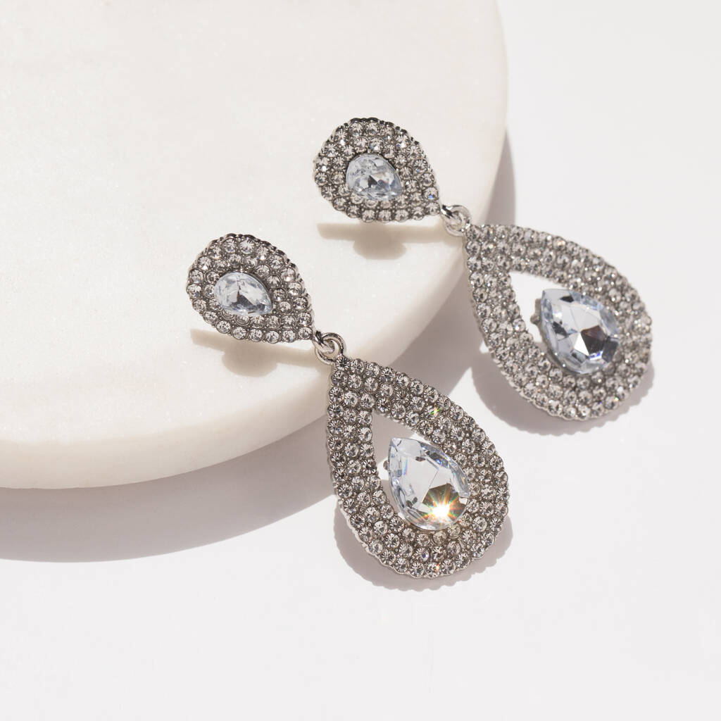 Crystal Double Pear Drop Earrings In Silver Colour By Brand X ...