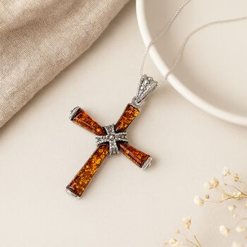 Personalised Sterling Silver Cross Pendant With Baltic Amber, 3 of 10