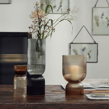 Riva Ribbed Amber Glass Hurricane Vase, 2 of 8