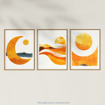 Set Three Wall Art Prints A4 Sun And Moon Amber Gold Modern, 5 of 7