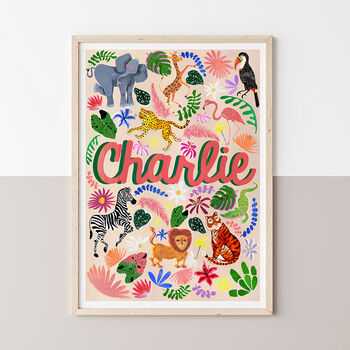Personalised Pink Safari Name Print | Hand Painted Jungle Nursery Decor | Baby Girl Wall Art, 5 of 9