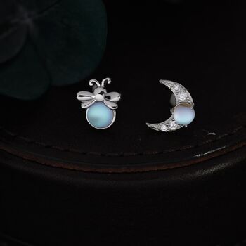 Sterling Silver Mismatched Firefly And Moon Stud Earrings, 7 of 12