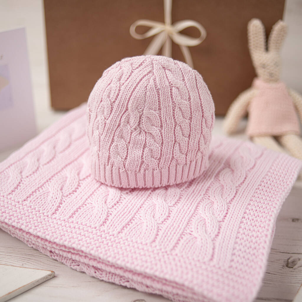 Baby Girls Pink Cable Blanket And Hat Gift Set, 1 of 9