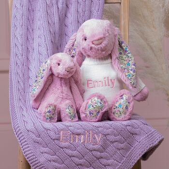 Personalised Lilac Toffee Moon Blanket And Jellycat Blossom Bunny, 2 of 5