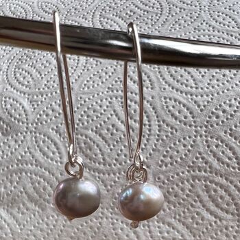 Grey Pearl Earrings On Long Sterling Silver Hooks, 2 of 4