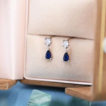 Sapphire Blue Cz Dangle Round Droplet Stud Earrings, 2 of 11