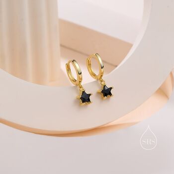 Sterling Silver Black Cz Star Huggie Hoop Earrings, 2 of 12