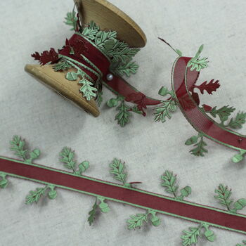 Red Acorn Ribbon With Green Leaves. Five Or 10 Meters, 2 of 6