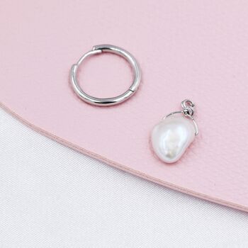 Sterling Silver Irregular Shaped Baroque Pearl Dangle Hoop Earrings, 6 of 12