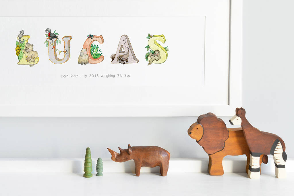 Personalised Kids Framed Bright Jungle Animal Name Art By Daisy & Bump  Nursery Art 