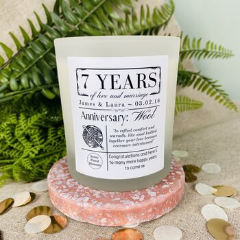 Personalised 7th Wool Anniversary Meaning Candle, 2 of 11