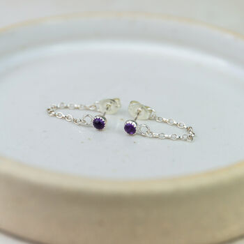 Sterling Silver Chained Birthstone Mini Studs, 3 of 5