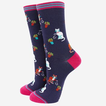 Women's Cats And Flower Pots Bamboo Socks, 2 of 4