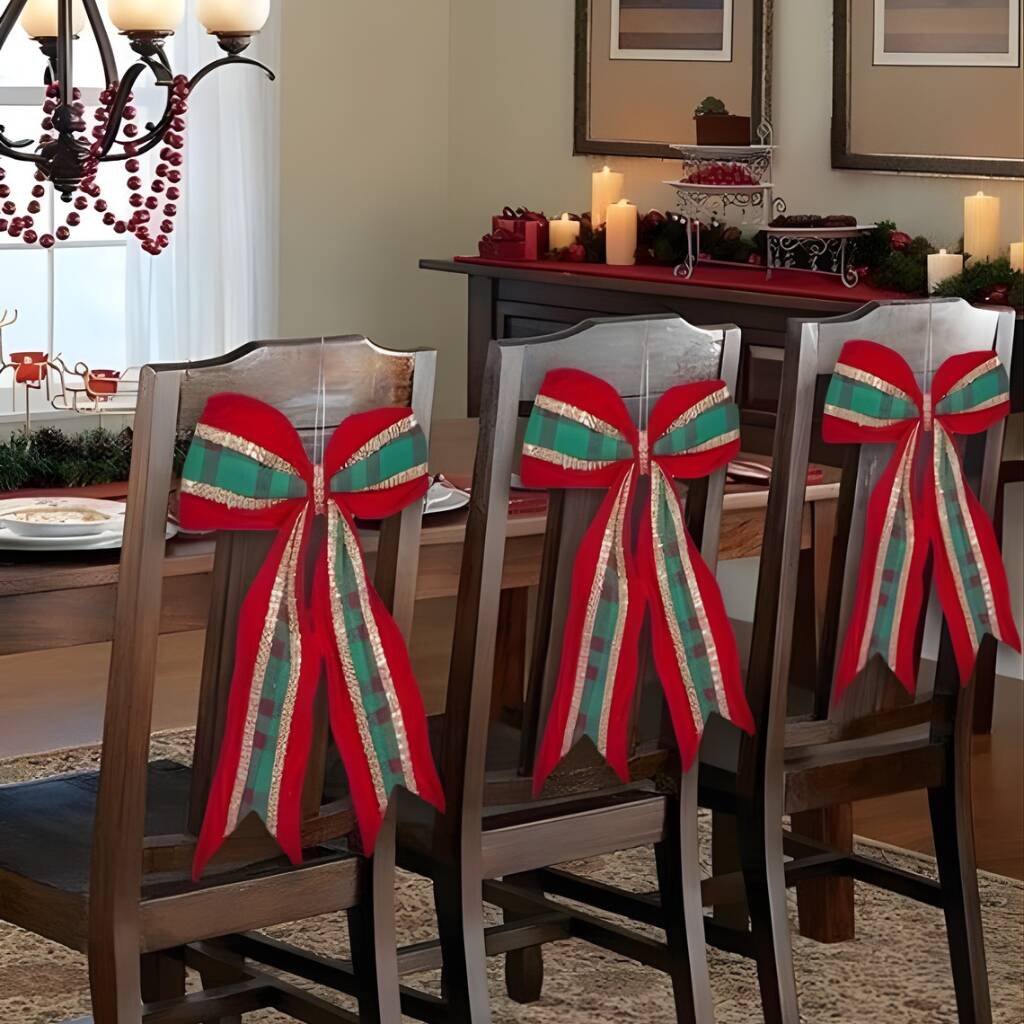 3pc Christmas Chair Bows Fabric Bows With Tartan