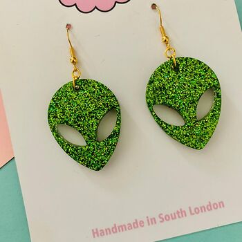 Large Green Glitter Alien Earrings, 2 of 2