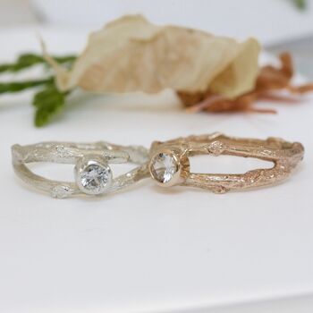 Gold Twig Engagement Ring, White Sapphire Nature Ring, 4 of 8