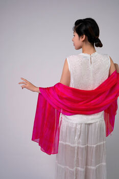 100% Mulberry Silk Scarf, Hot Pink With Red Stripes In Gift Box, 9 of 10