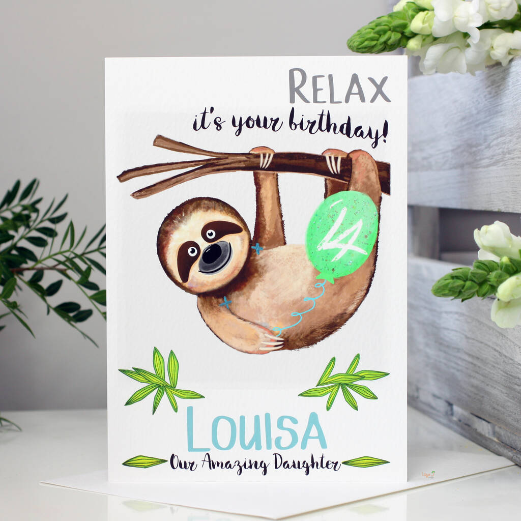 Personalised Sloth 'Relax' Birthday Card, 1 of 7