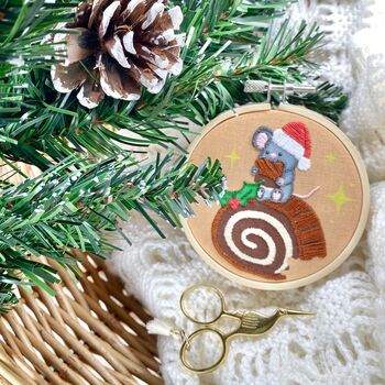 Christmas Mouse On A Yule Log Embroidery Kit Bauble, 4 of 6